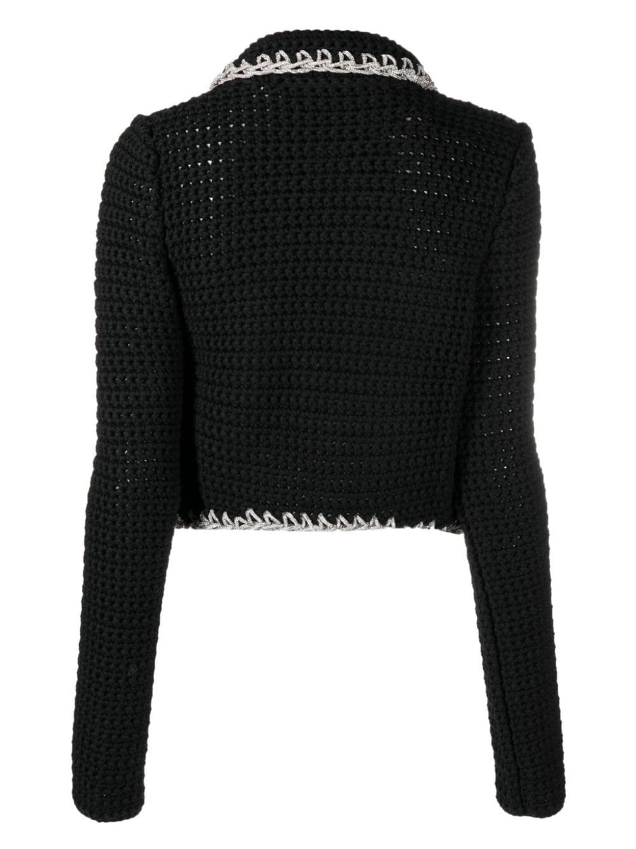 Cropped jacket. Outlined with a contrast-border, this jacket features a silver-tone, straight hem, made in a cotton blend.