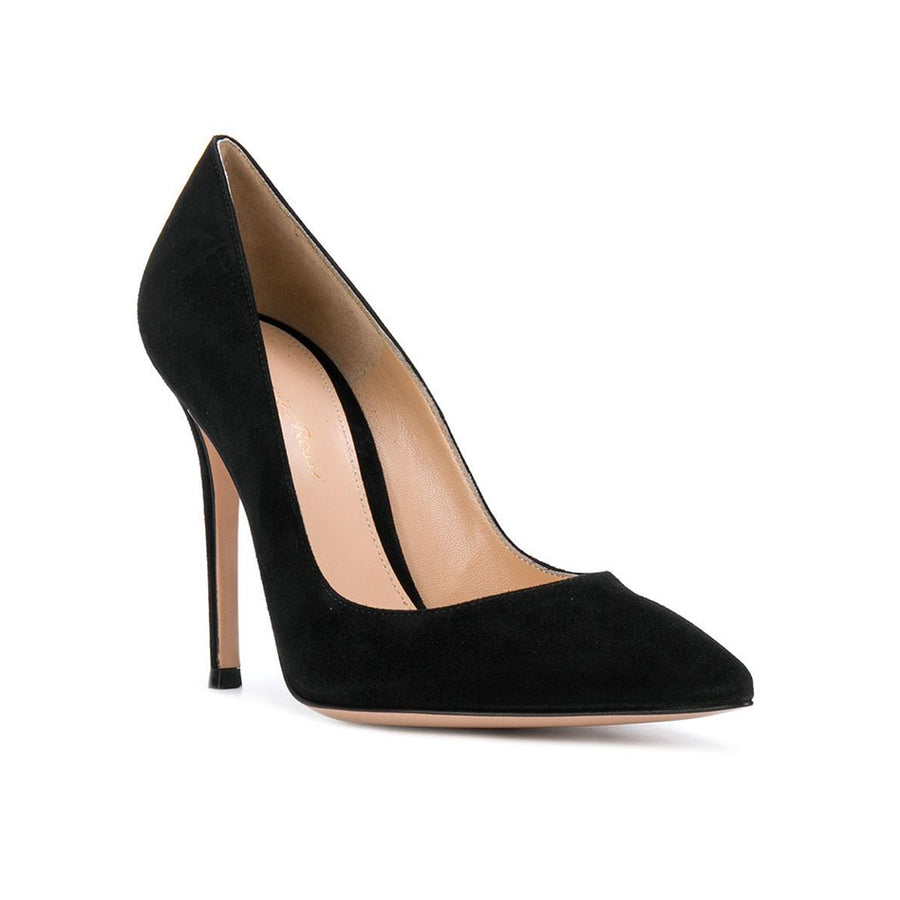 It doesn't get any more classic than these. The iconic 'Gianvito' pump is Rossi's signature style. Finished here in soft, black suede and a legs-for-days 105 MM stiletto heel. A timeless wardrobe staple.