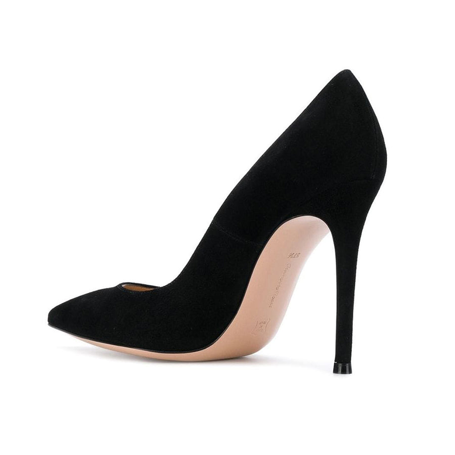 It doesn't get any more classic than these. The iconic 'Gianvito' pump is Rossi's signature style. Finished here in soft, black suede and a legs-for-days 105 MM stiletto heel. A timeless wardrobe staple.