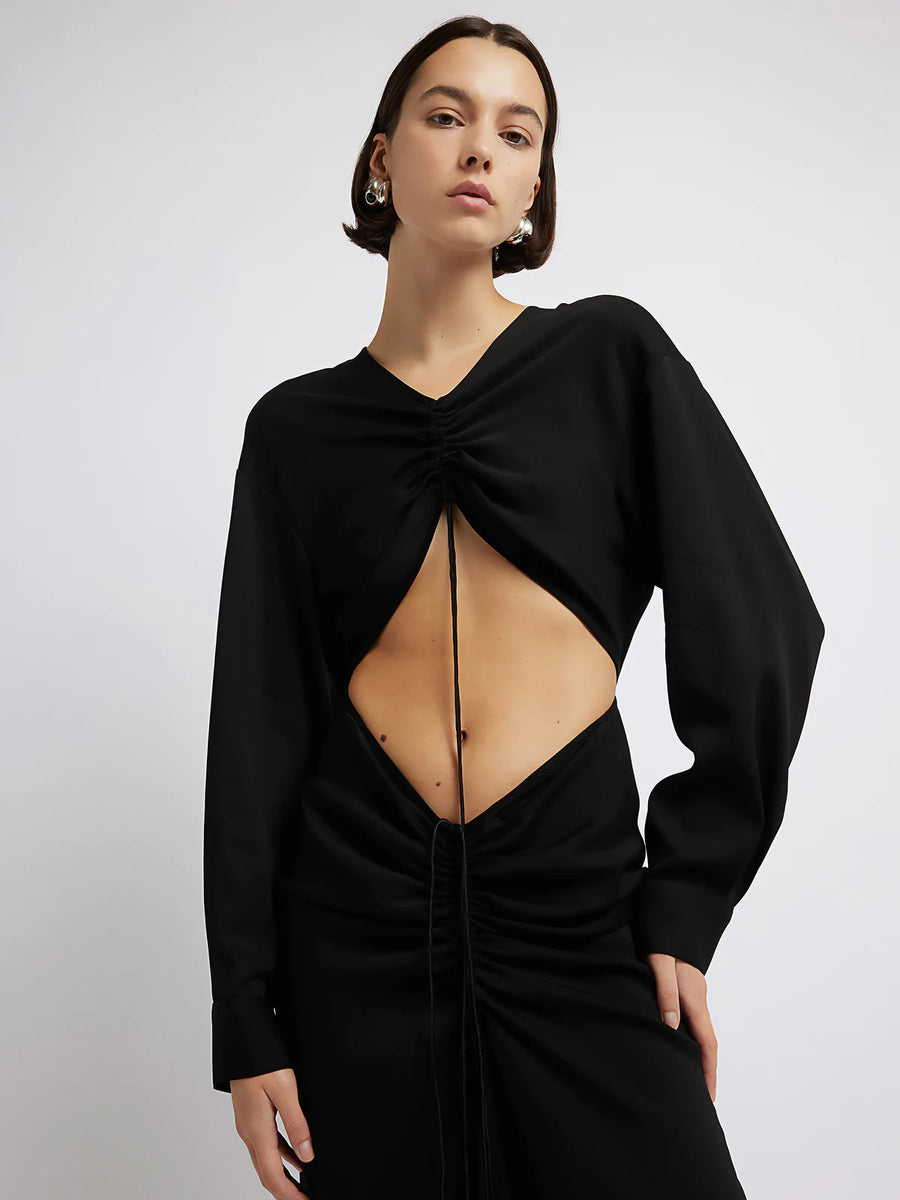 This dress is the perfect combination of sexy and sweet. The shirt dress is cut from a woven blend, featuring a centre front opening thats accentuated through an adjustable ruched drawstring. Pair with a strappy sandal to complete the look.