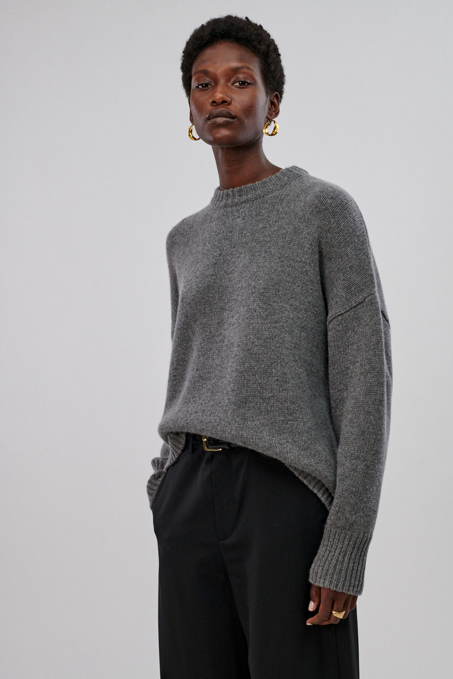 An oversized crewneck sweater in ultra-soft cashmere, featuring slightly oversized sleeves and rib trim. Wear layered or on its own. 