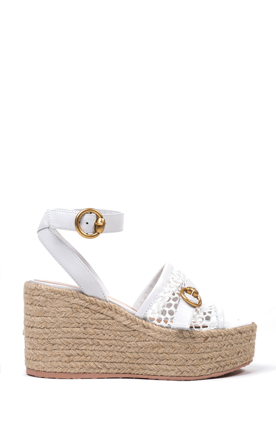 Giving you height and comfort - the raffia wedge returns, here complete with signature fishnet fabric, and gold hardware detailing. Featuring an adjustable ankle strap for extra support.