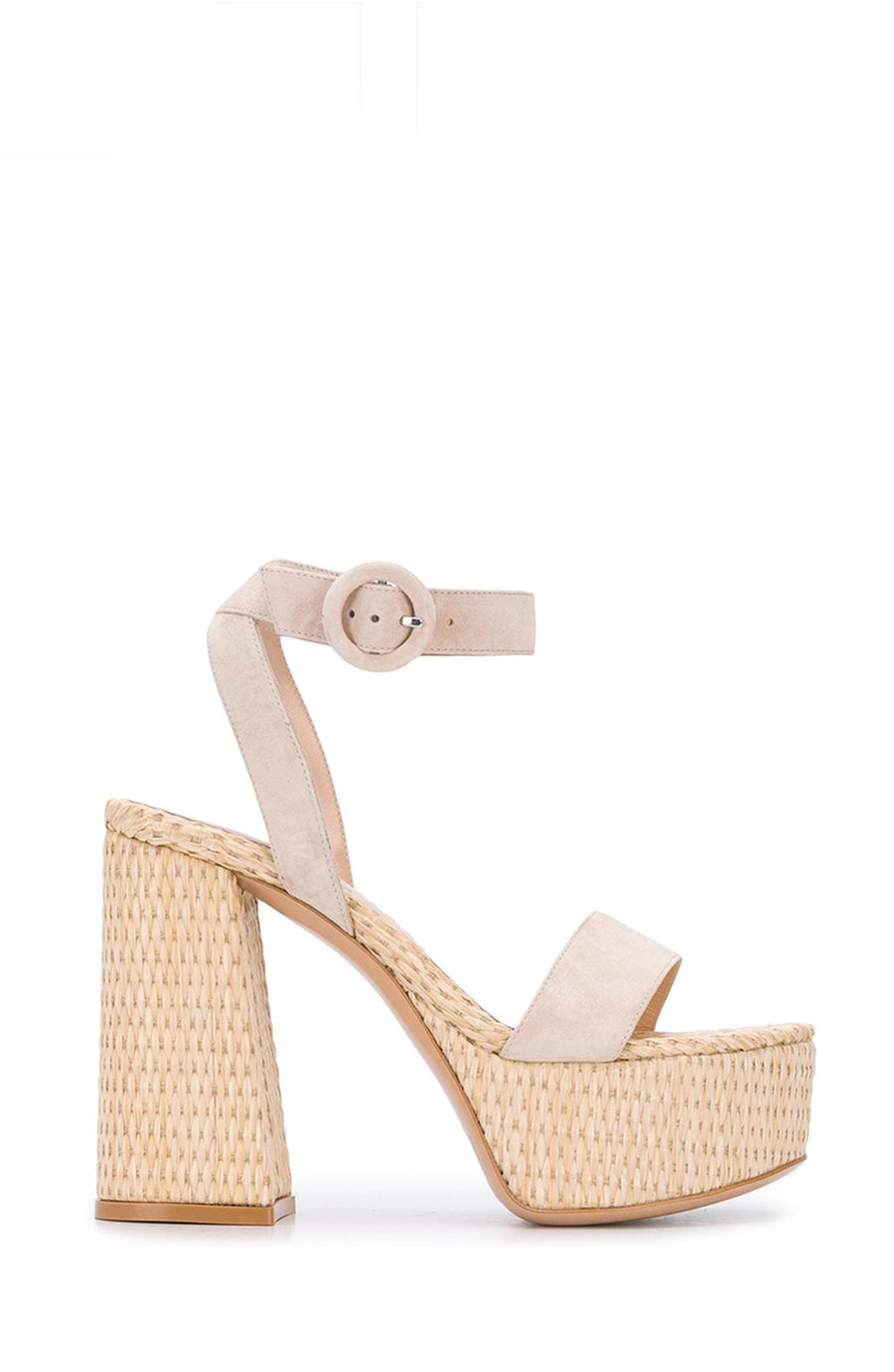 The 'Zandra' here features a raffia platform sole, paired with soft neutral suede. The maxi platform block heel has an ever-so-slight flare to its shape, that holds tribute to iconic 1970's fashion. 