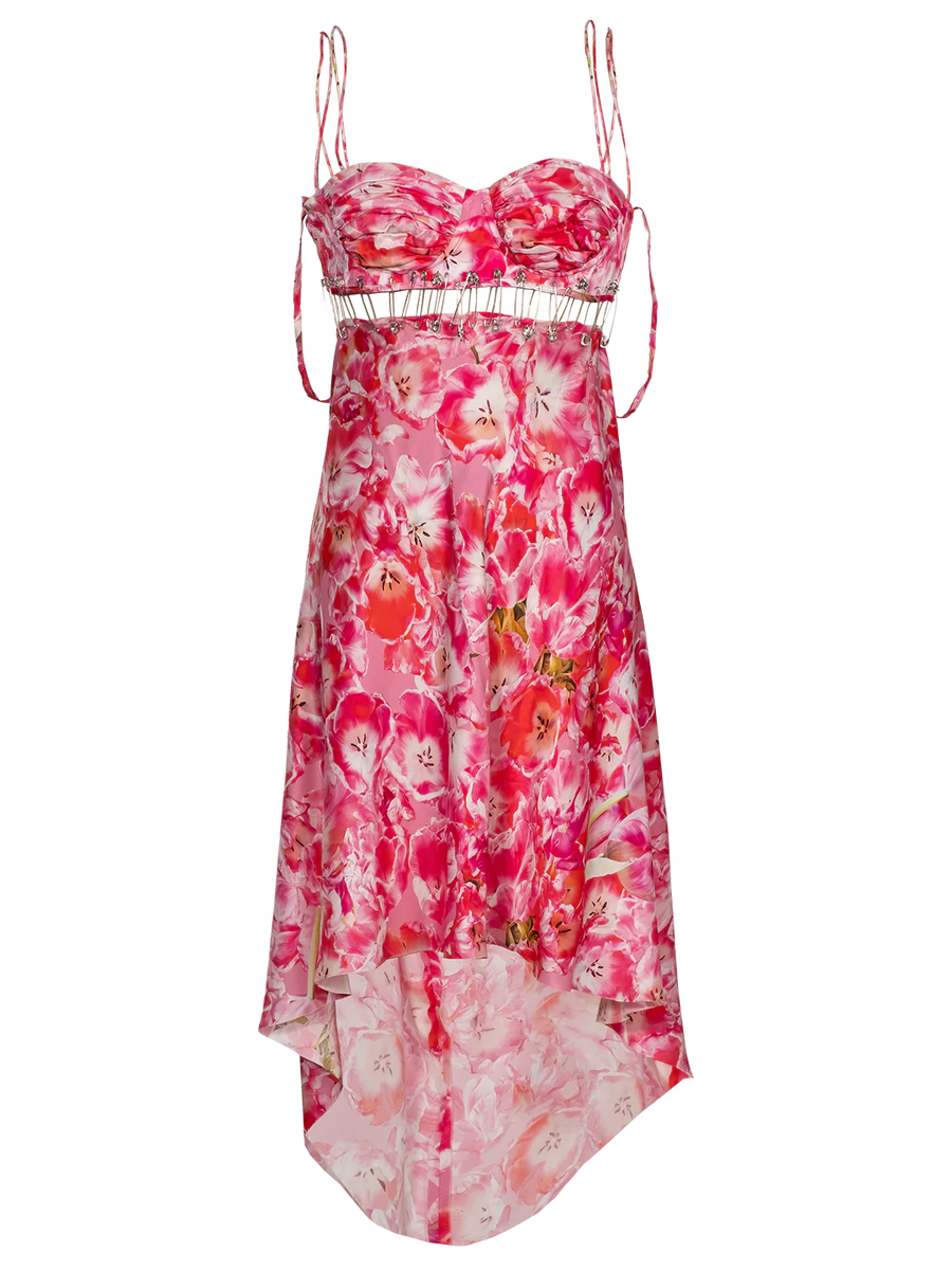 A flirty midi dress. Printed with tulip detailing, this dress has adjustable straps, and chain detailing at the waist. Asymmetrical hem.