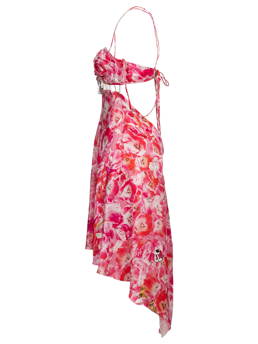 A flirty midi dress. Printed with tulip detailing, this dress has adjustable straps, and chain detailing at the waist. Asymmetrical hem.